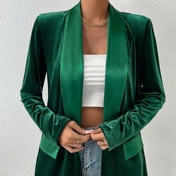 Green Elegant Womens Shawl Collar Open Front Velvet Blazer - Picture 2 of 5